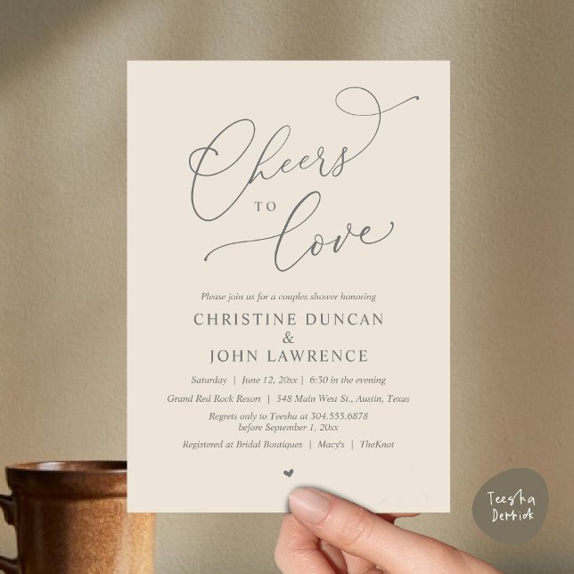 Convite Saúde para o amor, Partido dos Chás Românticos (Cheers to love, Romantic Couples Shower Modern Party Winery Invitation Card, PDF, Summer Cream Grey)