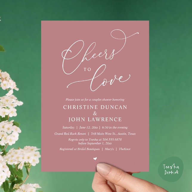 Convite Saúde para o amor, Partido dos Chás Românticos (Cheers to love, Romantic Couples Shower Modern Party Winery Invitation Card, PDF, Summer Dusty Rose)