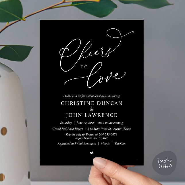 Convite Saúde para o amor, Partido dos Chás Românticos (Cheers to love, Romantic Couples Shower Modern Party Winery Invitation Card, PDF, Summer White Black)