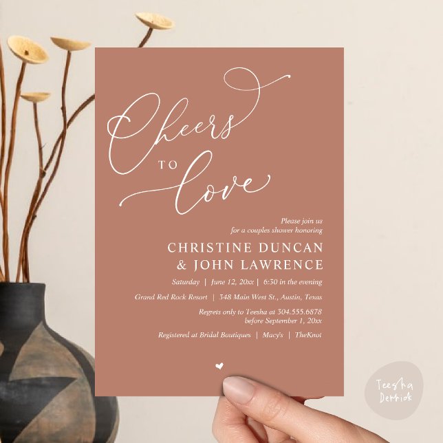 Convite Saúde para o amor, Partido dos Chás Românticos (Cheers to love, Romantic Couples Shower Modern Party Winery Invitation Card PDF Summer Earthy Brown)