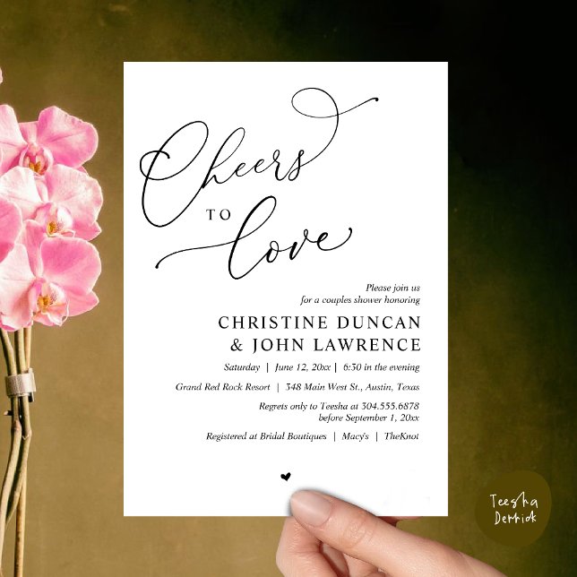 Convite Saúde para o amor, Partido dos Chás Românticos (Cheers to love, Romantic Couples Shower Modern Party Winery Invitation Card PDF Summer White Black)