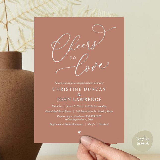 Convite Saúde para o amor, Partido dos Chás Românticos (Cheers to love, Romantic Couples Shower Modern Party Winery Invitation Card PDF Summer Earthy Brown)