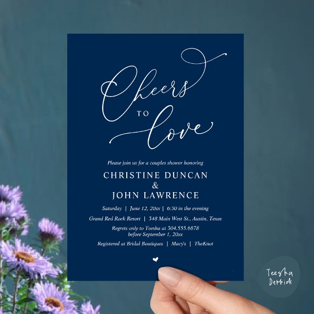 Convite Saúde para o amor, Partido dos Chás Românticos (Cheers to love, Romantic Couples Shower Modern Party Winery Invitation Card PDF Summer Navy Blue)