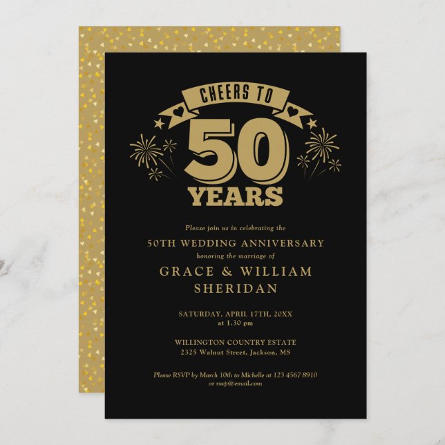 Convite Saúde Para Preto E Dourado 50º Aniversário De Casa (Frente/Verso)