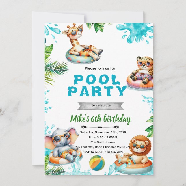 Convite Savanna Animals Pool Party Birthday Invitation (Frente)