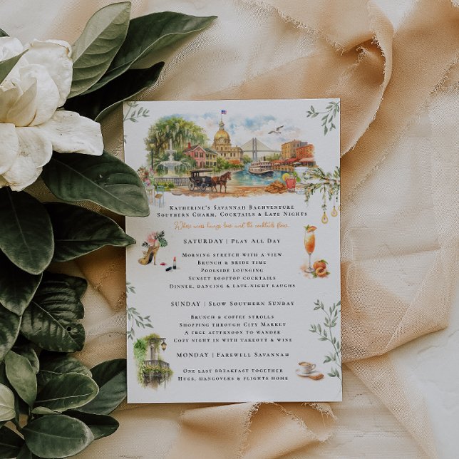 Convite Savannah Georgia Bachelorette Weekend Itinerary (Criador carregado)