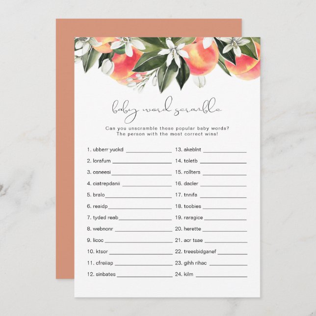 Convite SAVANNAH Peach Baby Word Scramble Chá de fraldas G (Frente/Verso)