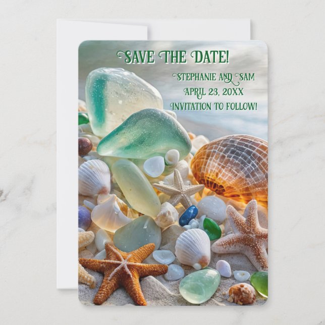 Convite Save the Date Beach Seashells Glass Beautiful (Frente)