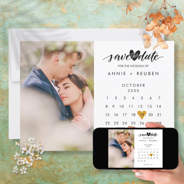 Convite Save the Date Calendar Elegant Gold Heart Photo (Criador carregado)