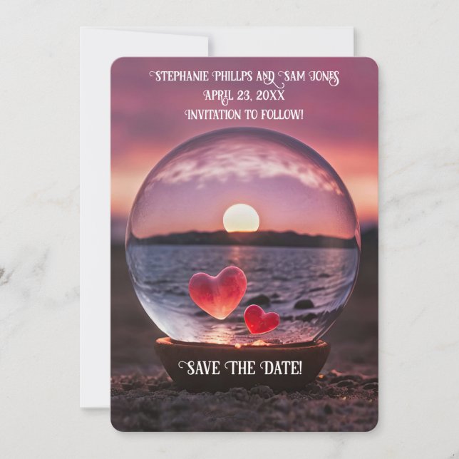 Convite Save the Date Hearts on the Beach Pretty (Frente)