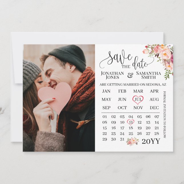 Convite Save the Date Photo calendar Pink floral wedding (Frente)