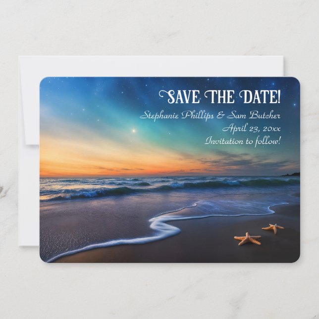 Convite Save the Date Romantic Beach Fantasy Starfish (Frente)