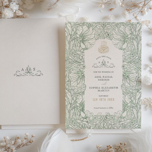 Convite Save the Date Sage Green Muslim Islamic Morris (Criador carregado)