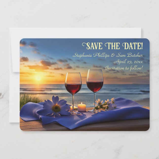 Convite Save the Date Wine on the Beach Sunset (Frente)