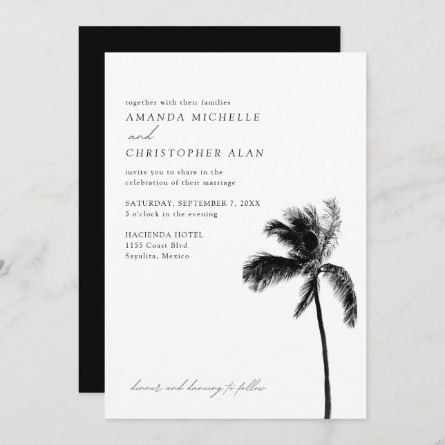 Convite Sayulita Weding Mexico Black & White Palm Tree (Frente/Verso)