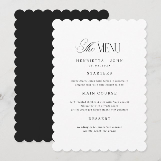 Convite Scalloped Edge Black and White Wedding Menu Card (Frente/Verso)