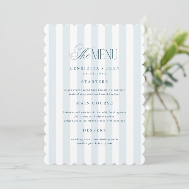 Convite Scalloped Edge Timeless Blue Stripes Menu Card (Em pé/Frente)