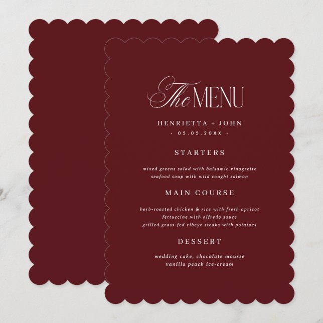 Convite Scalloped Old Money Burgundy Wedding Menu Card (Frente/Verso)