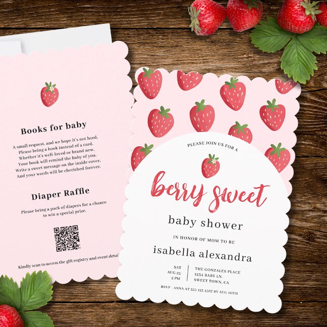 Convite Scalloped Pink Berry Sweet Strawberry Baby Shower (The front and back of the invitation is shown in 5x7-inch with a scalloped frame. )