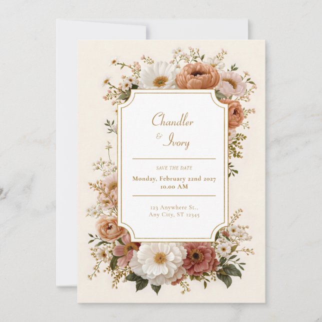 Convite Scalloped Terracotta Peach Wildflower Wedding (Frente)
