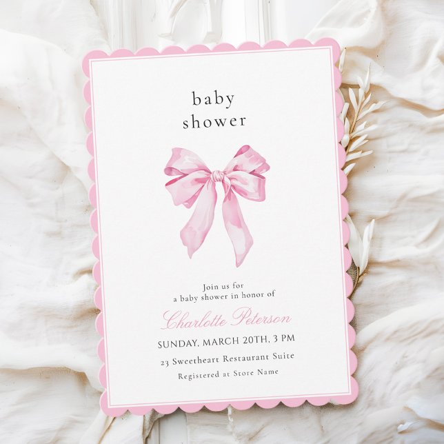 Convite Scallopped Pink Bow Baby Shower Invitation (Criador carregado)
