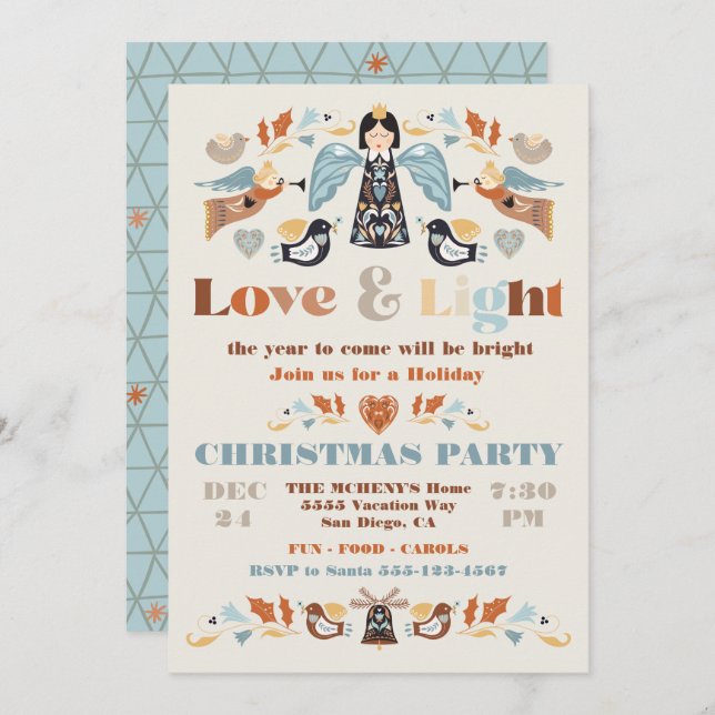Convite Scandi Folk art Love and Light Christmas Party (Frente/Verso)