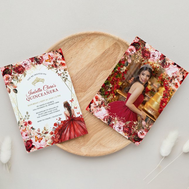 Convite Scarlet Elegance Dourada Quinceanera Floral Encant (Criador carregado)
