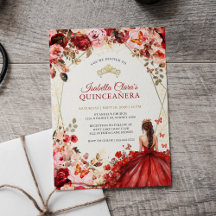 Scarlet Elegance Gold Enchanted Floral Quinceanera