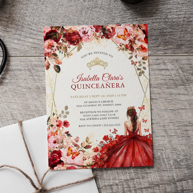 Convite Scarlet Elegance Gold Enchanted Floral Quinceanera (Criador carregado)