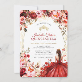 Convite Scarlet Elegance Gold Enchanted Floral Quinceanera