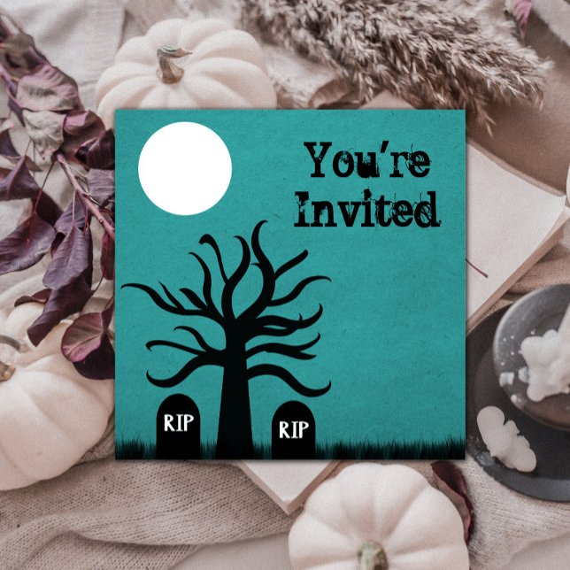 Convite Scary Graveyard Halloween Invite, Teal (Scary Graveyard Halloween Invite - Teal)