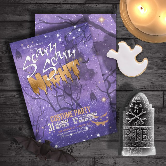 Convite Scary Night Halloween Purple ID946 (Front/Back In Situ)