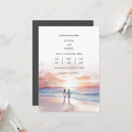 Convite Scenic Sunset Sobre Ocean Watercolor Beach Weding
