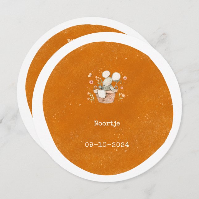 Convite Schattig baby muisje op geel / oranje achtergrond (Frente/Verso)