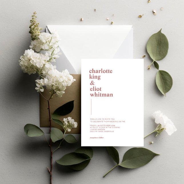 Convite Schlicht moderno Weiß, Braun einladung (Modern, simple, white wedding invitation with brown font.)