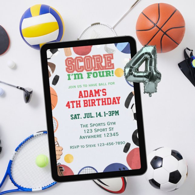 Convite Score I'm Four, Sports 4th Birthday (Criador carregado)