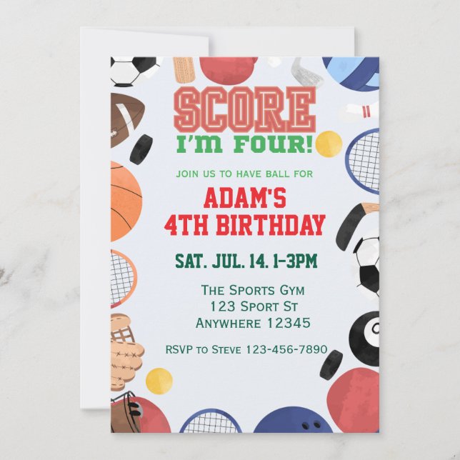 Convite Score I'm Four, Sports 4th Birthday (Frente)