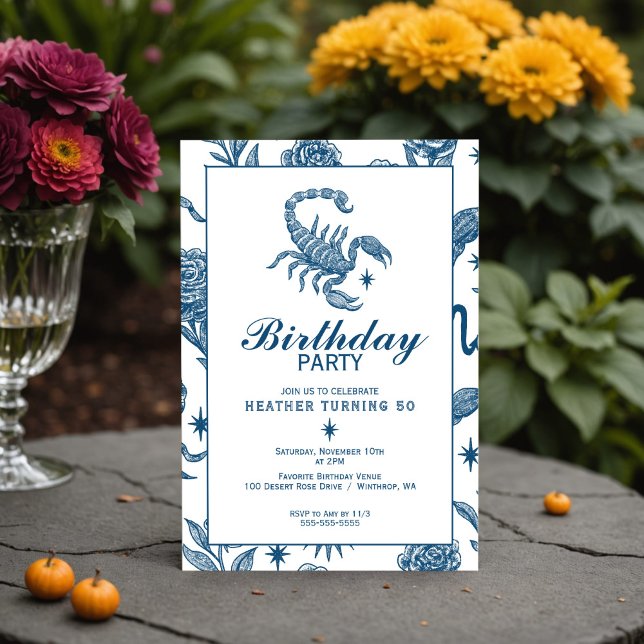 Convite Scorpio Birthday Elegant Toile Scorpions Celestial (Scorpio birthday invite with hand-drawn toile stars, scorpions & roses in Delft blue.)