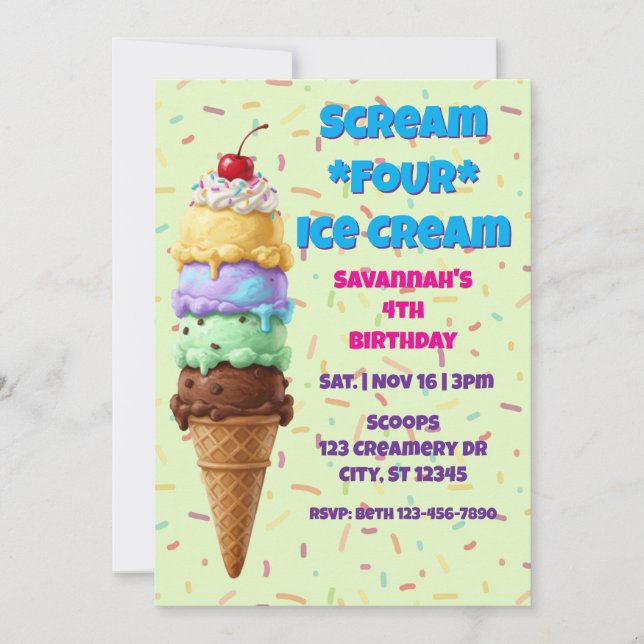 Convite Scream FOUR Ice Cream, 4th Birthday  (Frente)