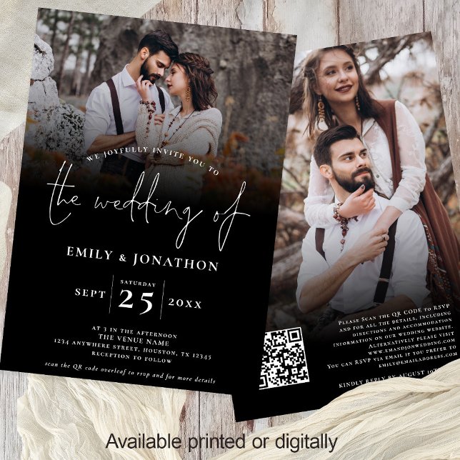 Convite Script 2 Fotos Sobrepor Código QR Casamento Preto (Front and back view 2 photos black overlay wedding invitation with QR code)