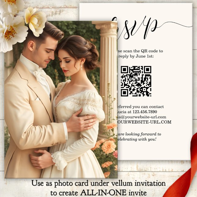 Convite Script All in One Vellum Photo Background Casament (Elegant script photo wedding invitation background with RSVP and QR code - vellum addition)