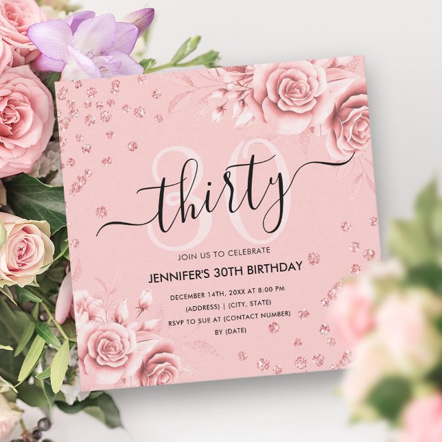 Convite Script aniversário de 30 anos Floral Dourado do ro (Rose Gold Gold Floral Glitter 30th Birthday Script Invitation)