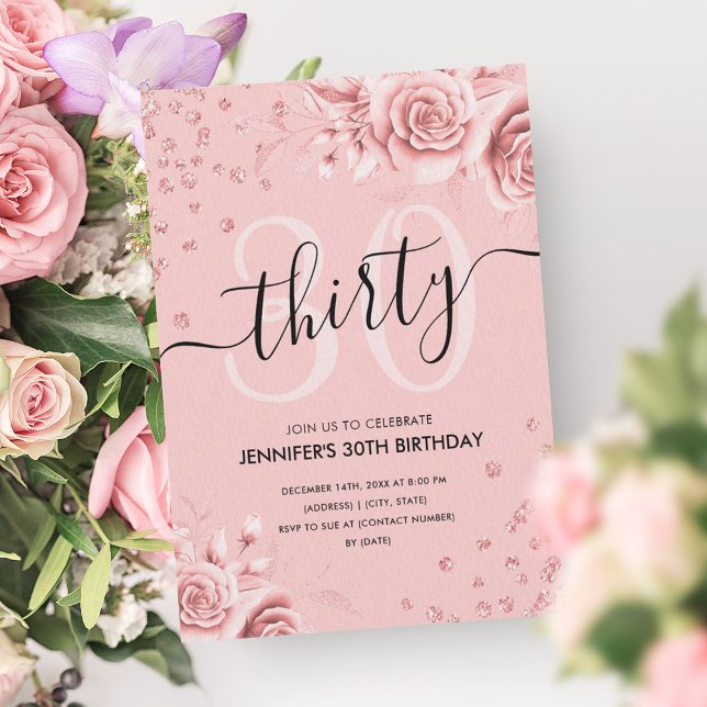 Convite Script aniversário de 30 anos Floral Dourado do ro (Rose Gold Floral Glitter 30th Birthday Script Invitation)