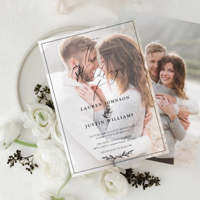 Convite Script Botânico Branco Branco Moderno Vellum 2 Fot (Criador carregado)