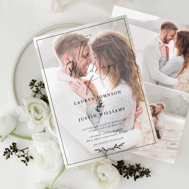 Convite Script Botânico Branco Branco Moderno Vellum 3 Fot (Criador carregado)