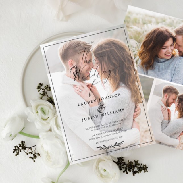 Convite Script Botânico Branco Branco Moderno Vellum 4 Fot (Criador carregado)