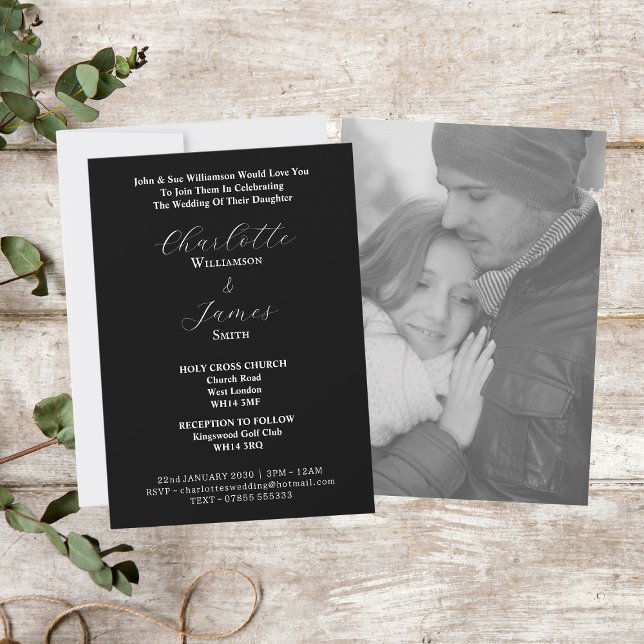 Convite Script branco elegante | Foto de Casal feliz preta (Front And Back)
