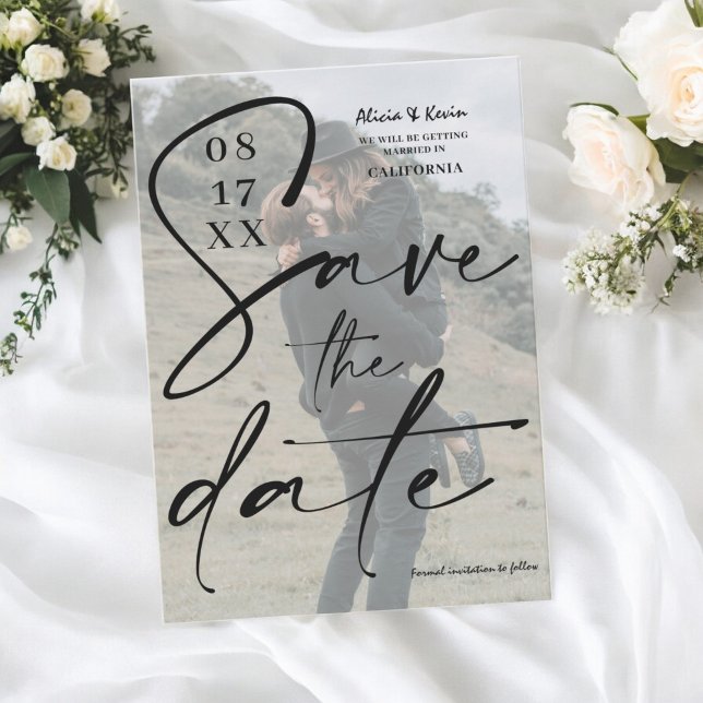 Convite Script branco preto moderno para salvar a foto de  (Modern black white script save the date photo invitation)
