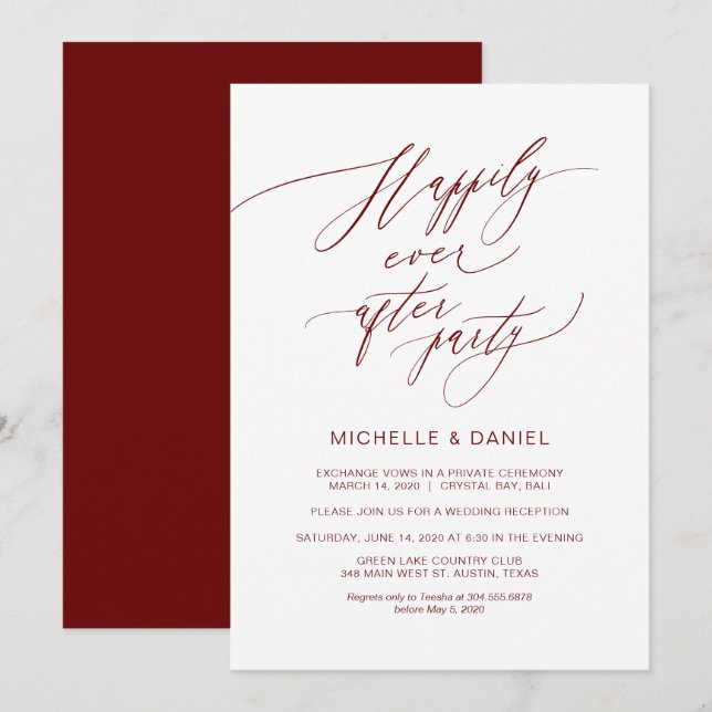 Convite Script Burgundy Romântico, Casamento Intimo (Frente/Verso)