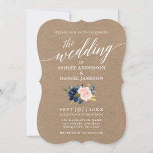 Convite Script Caligrafia Azul Rosa Floral Casamento Kraft